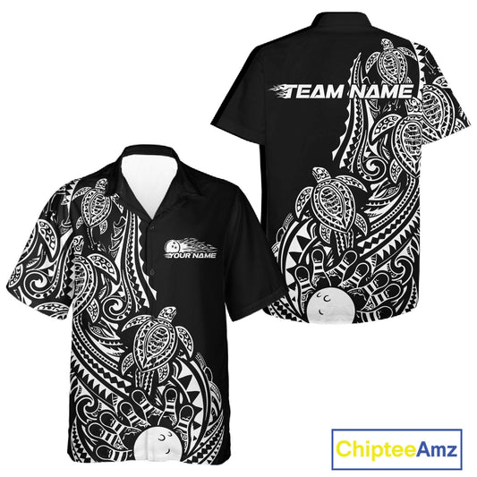 Front and back views of a black and white button-up bowling shirt featuring bowling pins and a ball surrounded by tribal swirl artwork.