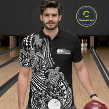 Load image into Gallery viewer, Male model wearing a black and white bowling polo shirt at the lane with tribal-inspired bowling graphics.