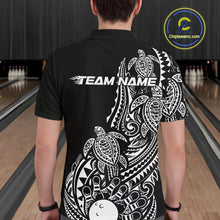 Load image into Gallery viewer, Back view of a male model in a black and white bowling polo shirt featuring turtle-themed bowling artwork and swirl accents.