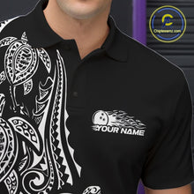 Load image into Gallery viewer, Left chest close-up of a black and white bowling polo shirt displaying Polynesian-style bowling graphics and tribal details.