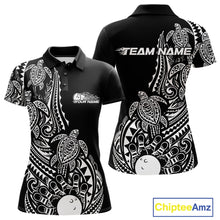 Load image into Gallery viewer, Front and back views of a black and white womens bowling polo shirt showcasing bowling pins, a bowling ball, and turtle Polynesian patterns.