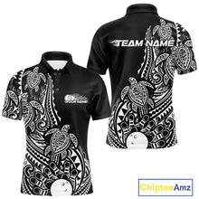 Load image into Gallery viewer, Front and back views of a black and white mens bowling polo shirt showcasing bowling pins and a ball accented by tribal swirls and Polynesian motifs.