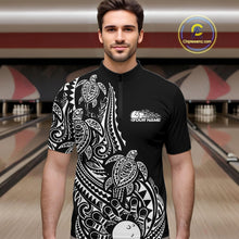 Load image into Gallery viewer, Male model wearing a black and white bowling quarter-zip shirt at the bowling lane with Polynesian-style bowling graphics.