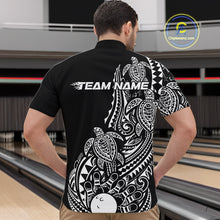 Load image into Gallery viewer, Front view of a male model in a black and white bowling quarter-zip shirt displaying tribal swirl bowling artwork.