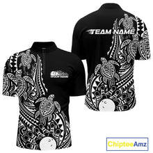 Load image into Gallery viewer, Front and back views of a black and white mens bowling quarter-zip shirt featuring bowling artwork accented by tribal swirls and turtle patterns.