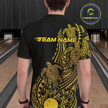 Load image into Gallery viewer, Back view of a male model in a black and gold bowling polo shirt displaying tribal swirl bowling graphics.