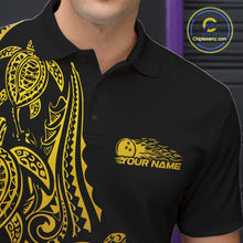 Load image into Gallery viewer, Close-up left chest detail of a black and gold bowling polo shirt featuring turtle-pattern bowling artwork.