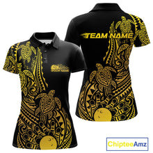 Load image into Gallery viewer, Front and back views of a black and gold womens bowling polo shirt featuring bowling ball and pin graphics accented by tribal swirls.