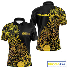 Load image into Gallery viewer, Front and back views of a black and gold mens bowling polo shirt featuring bowling ball and pin graphics surrounded by tribal patterns.