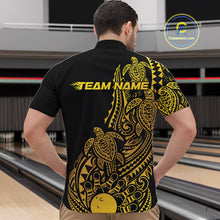 Load image into Gallery viewer, Front view of a male model in a black and gold bowling quarter-zip shirt showcasing tribal-inspired bowling motifs.