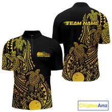 Load image into Gallery viewer, Front and back views of a black and gold mens bowling quarter-zip shirt featuring bowling pins, a bowling ball, and tribal swirl artwork.