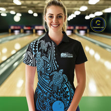 Load image into Gallery viewer, Female model wearing a black and blue bowling polo shirt at the bowling lane with tribal swirl bowling graphics.