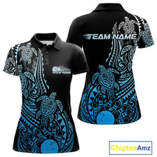 Load image into Gallery viewer, Front and back views of a black and blue womens bowling polo shirt featuring bowling artwork surrounded by Polynesian tribal patterns.