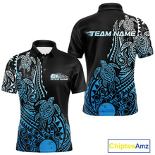 Load image into Gallery viewer, Front and back views of a black and blue mens bowling polo shirt featuring bowling artwork accented by tribal swirls and turtle motifs.