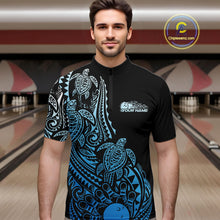 Load image into Gallery viewer, Male model wearing a black and blue bowling quarter-zip shirt at the bowling lane with Polynesian-inspired bowling accents.