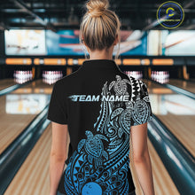 Load image into Gallery viewer, Back view of a female model in a black and blue bowling quarter-zip shirt featuring turtle-inspired bowling graphics.