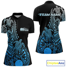 Load image into Gallery viewer, Front and back views of a black and blue womens bowling quarter-zip shirt showcasing bowling ball and pin graphics with Polynesian turtle patterns.