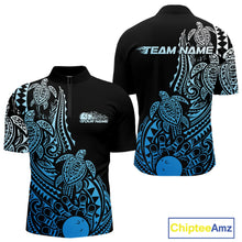 Load image into Gallery viewer, Front and back views of a black and blue mens bowling quarter-zip shirt showcasing bowling artwork surrounded by tribal swirls and turtle motifs.