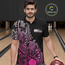 Load image into Gallery viewer, Male model wearing a black and pink bowling polo shirt at the bowling lane with tribal-inspired bowling artwork.