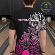 Load image into Gallery viewer, Back view of a male model in a black and pink bowling polo shirt displaying turtle Polynesian bowling graphics.