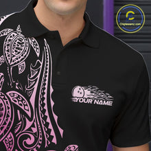Load image into Gallery viewer, Close-up of the left chest on a black and pink bowling polo shirt featuring tribal swirl bowling motifs.