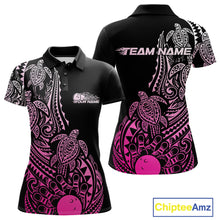 Load image into Gallery viewer, Front and back views of a black and pink womens bowling polo shirt showcasing bowling pins and a ball framed by tribal swirls and turtle motifs.