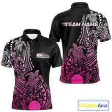 Load image into Gallery viewer, Front and back views of a black and pink mens bowling polo shirt showcasing bowling pins and a ball surrounded by tribal swirls and turtle patterns.