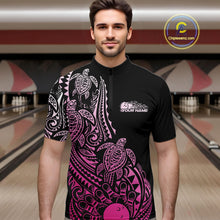 Load image into Gallery viewer, Male model wearing a black and pink bowling quarter-zip shirt at the lane with turtle-inspired bowling artwork and tribal details.