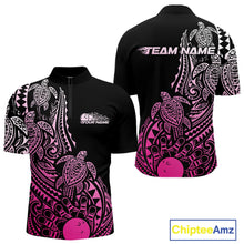 Load image into Gallery viewer, Front and back views of a black and pink mens bowling quarter-zip shirt with bowling pins and a ball framed by tribal swirls and Polynesian patterns.