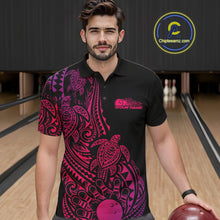 Load image into Gallery viewer, Male model wearing a black, pink, and purple bowling polo shirt at the lane with Polynesian-inspired bowling graphics and tribal accents.