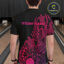 Load image into Gallery viewer, Back view of a male model in a black, pink, and purple bowling polo shirt showcasing turtle-themed bowling artwork and tribal swirls.