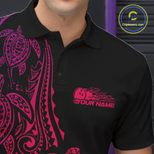 Load image into Gallery viewer, Left chest close-up of a black, pink, and purple bowling polo shirt featuring Polynesian-inspired bowling motifs.