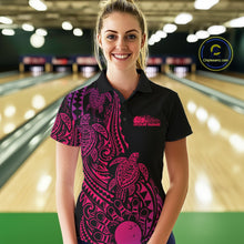 Load image into Gallery viewer, Female model wearing a black, pink, and purple bowling polo shirt at the bowling lane with Polynesian-inspired bowling graphics and tribal accents.