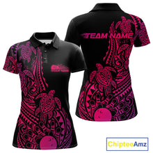 Load image into Gallery viewer, Front and back views of a black, pink, and purple womens bowling polo shirt featuring bowling ball and pin artwork surrounded by tribal swirls and turtle Polynesian patterns.