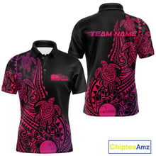 Load image into Gallery viewer, Front and back views of a black, pink, and purple mens bowling polo shirt featuring bowling ball and pin artwork surrounded by tribal swirls and turtle Polynesian patterns.