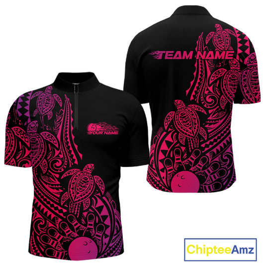 Front and back views of a black, pink, and purple mens bowling quarter-zip shirt featuring bowling ball and pin artwork surrounded by tribal swirls and turtle Polynesian patterns.