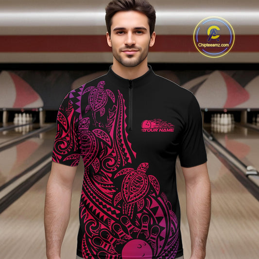 Male model wearing a black, pink, and purple bowling quarter-zip shirt at the bowling lane with Polynesian-inspired bowling graphics.