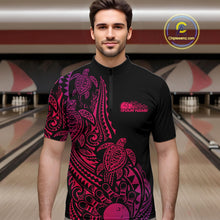 Load image into Gallery viewer, Male model wearing a black, pink, and purple bowling quarter-zip shirt at the bowling lane with Polynesian-inspired bowling graphics.