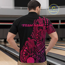 Load image into Gallery viewer, Front view of a male model in a black, pink, and purple bowling quarter-zip shirt showcasing tribal swirl accents and turtle motifs.