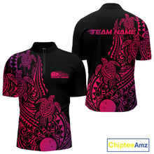 Load image into Gallery viewer, Front and back views of a black, pink, and purple mens bowling quarter-zip shirt featuring bowling ball and pin artwork surrounded by tribal swirls and turtle Polynesian patterns.