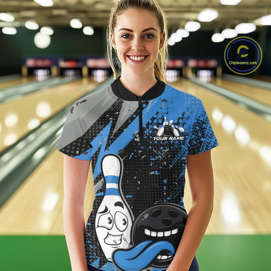 Custom Funny Bowling Women Quarter-Zip Shirt, Blue Bowling Ball And Pin Bowling Jersey IPHW10260