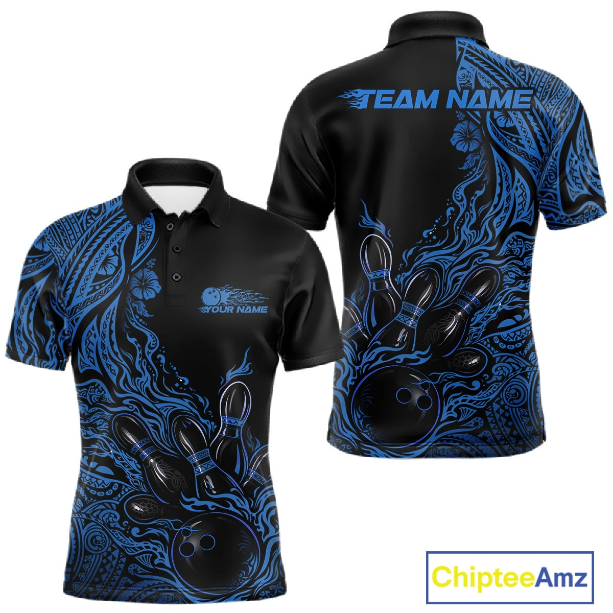 Custom Black And Blue Tribal Pattern Flame Bowling Team Shirts, Polynesian Bowling Ball Bowling League Shirt IPHW10492