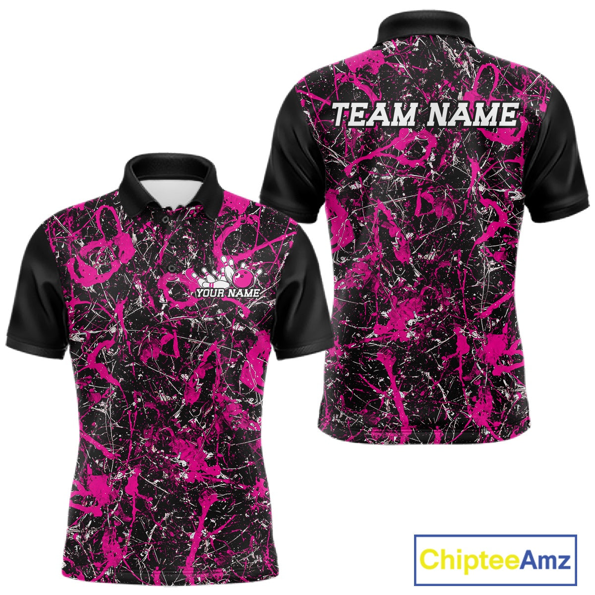 Front and back views of a black polo shirt with hot pink paint-splatter graphics, personalized with â€œYour Nameâ€ on the chest and â€œTeam Nameâ€ across the back.