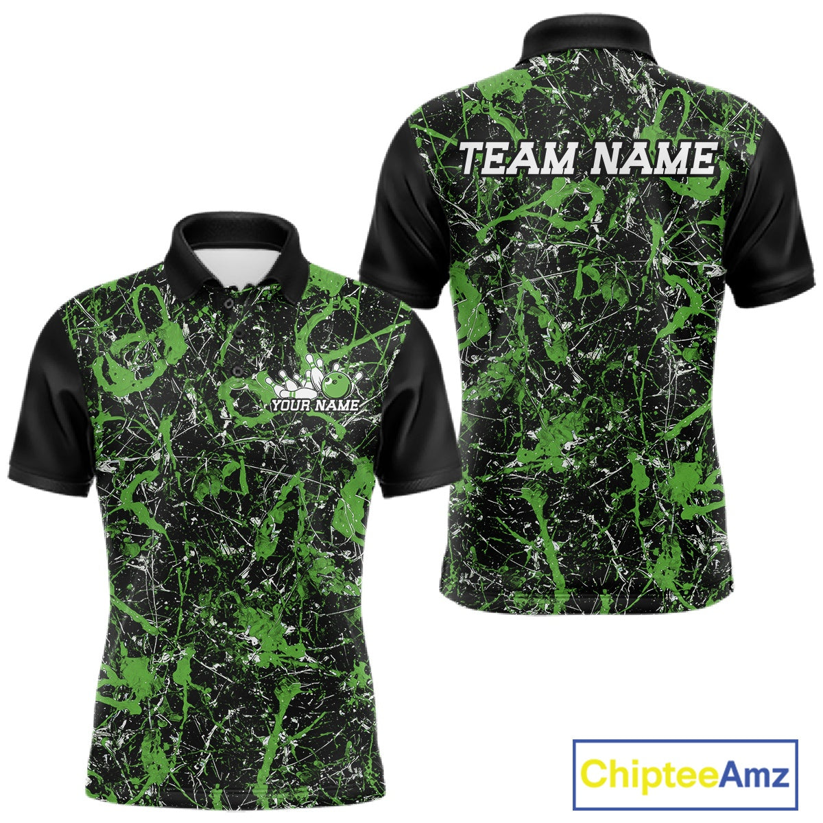 Front and back views of a black polo shirt with mid green paint-splatter graphics, personalized with â€œYour Nameâ€ on the chest and â€œTeam Nameâ€ across the back.
