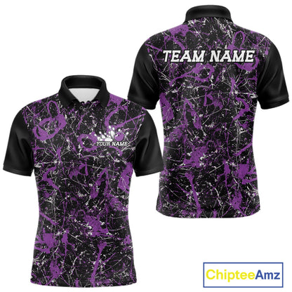 Front and back views of a black polo shirt with purple paint-splatter graphics, personalized with â€œYour Nameâ€ on the chest and â€œTeam Nameâ€ across the back.
