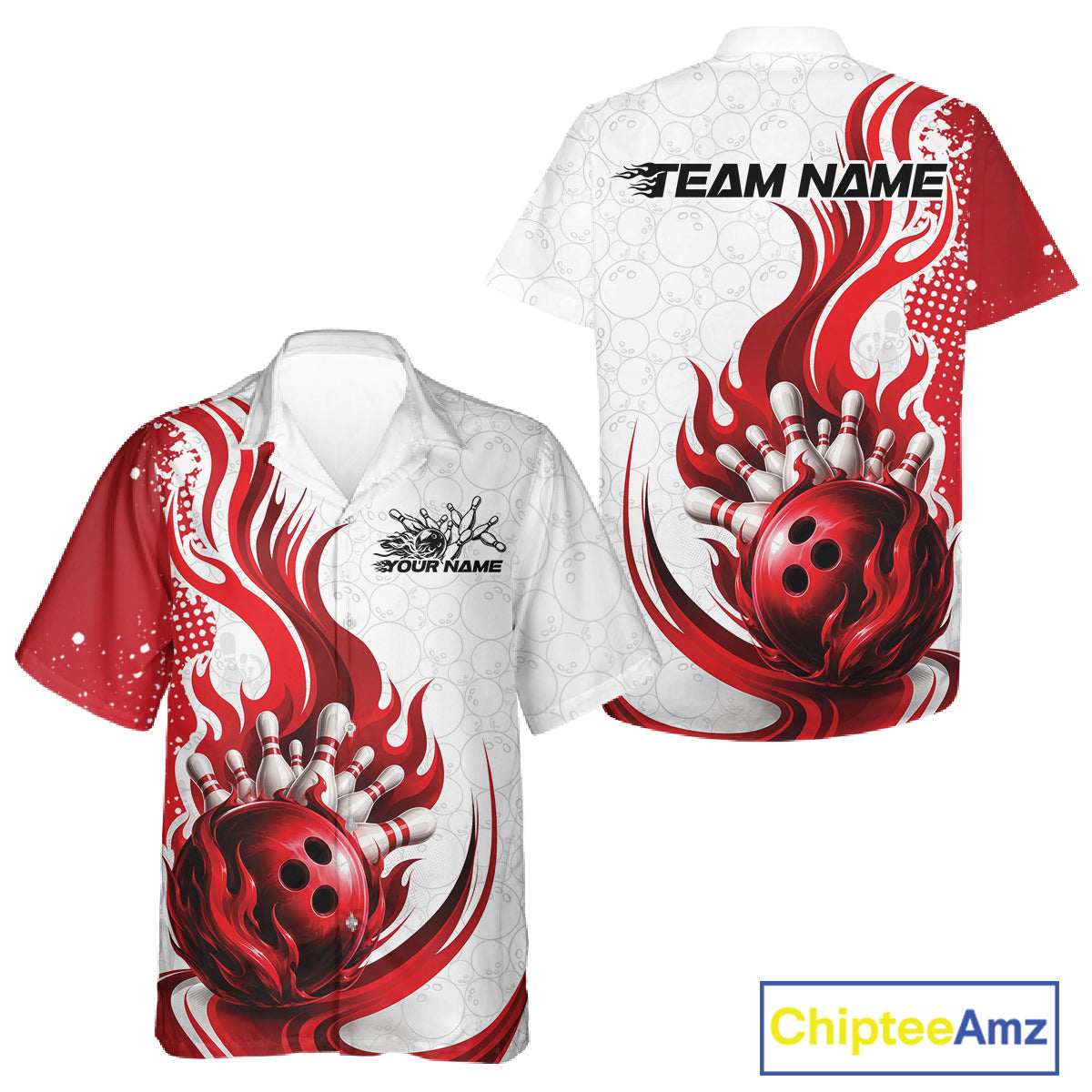Custom Red Flame Bowling Team Men And Women Hawaiian Shirt, Bowling Ball Pattern Bowling Jerseys IPHW11649