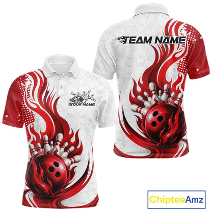Custom Red Flame Bowling Team Men Polo Shirt, Bowling Ball Pattern Bowling Jerseys IPHW11649