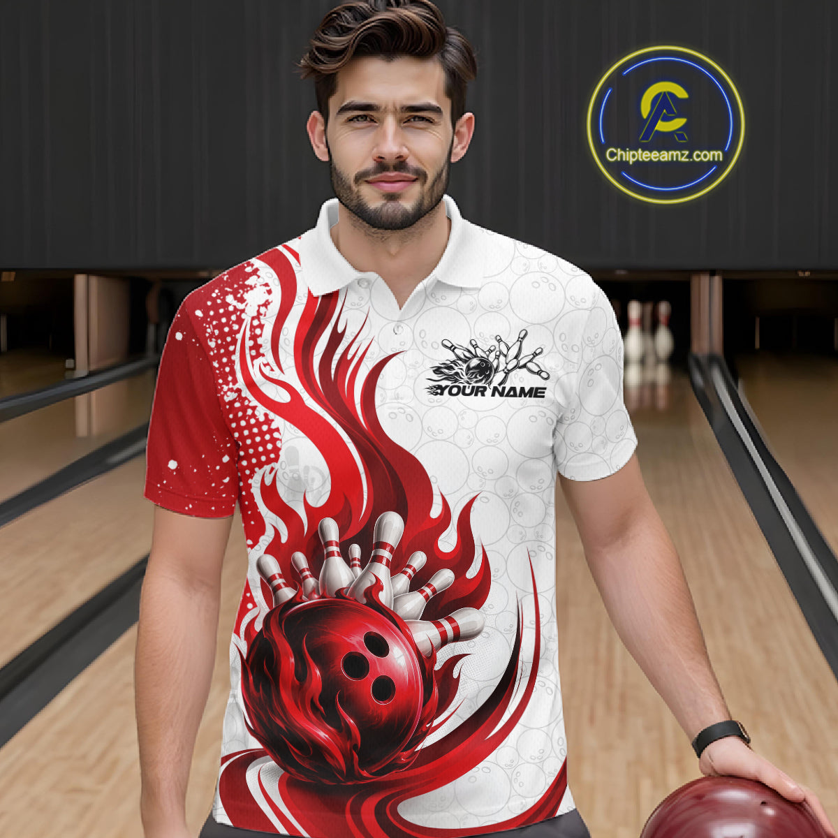 Custom Red Flame Bowling Team Men Polo Shirt, Bowling Ball Pattern Bowling Jerseys IPHW11649
