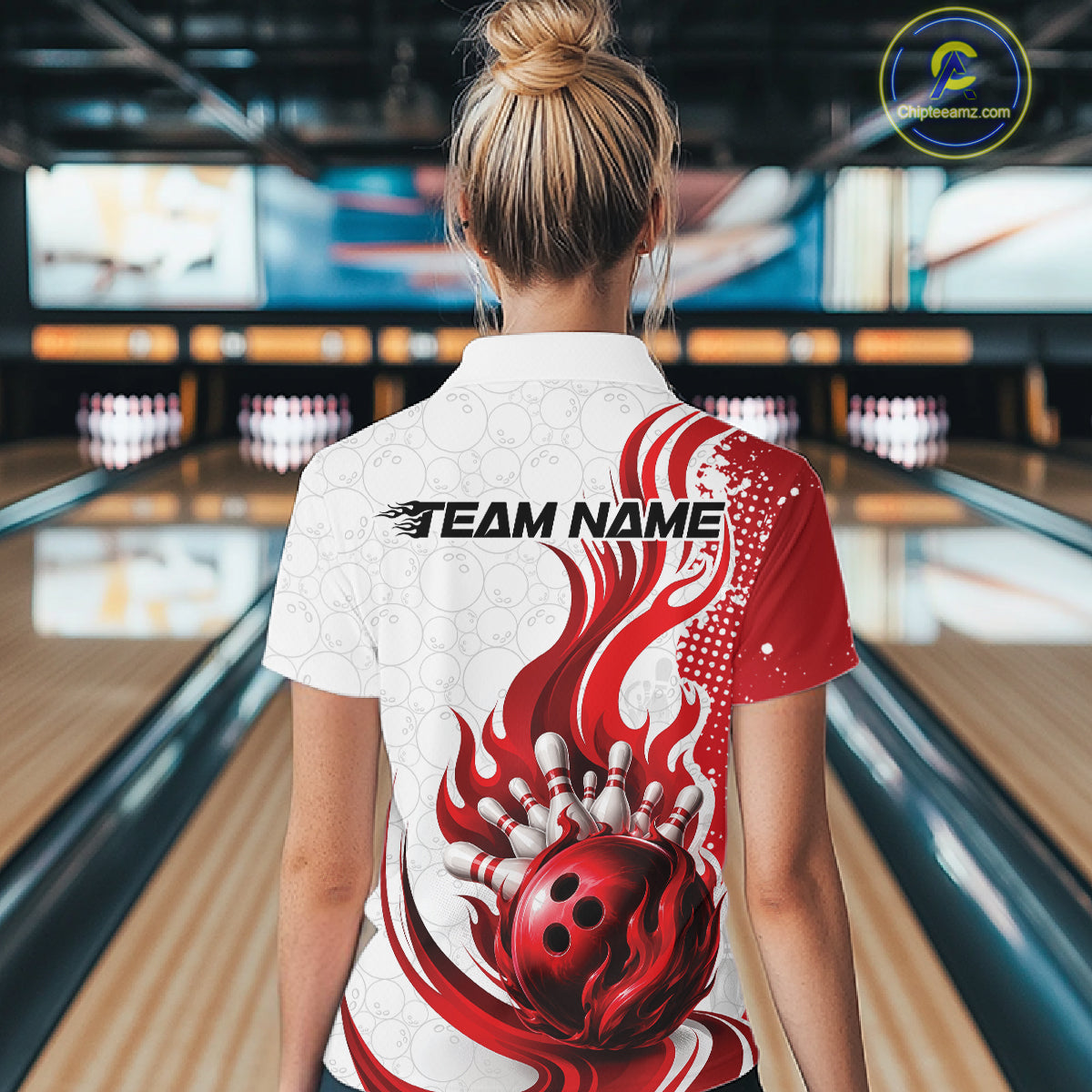 Custom Red Flame Bowling Team Women Polo Shirt, Bowling Ball Pattern Bowling Jerseys IPHW11649