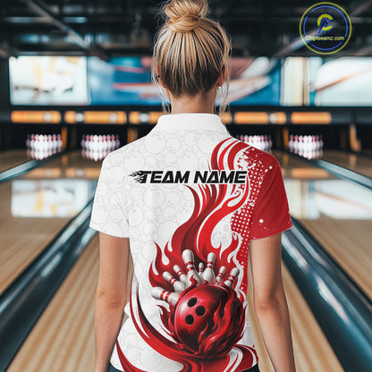 Custom Red Flame Bowling Team Women Polo Shirt, Bowling Ball Pattern Bowling Jerseys IPHW11649